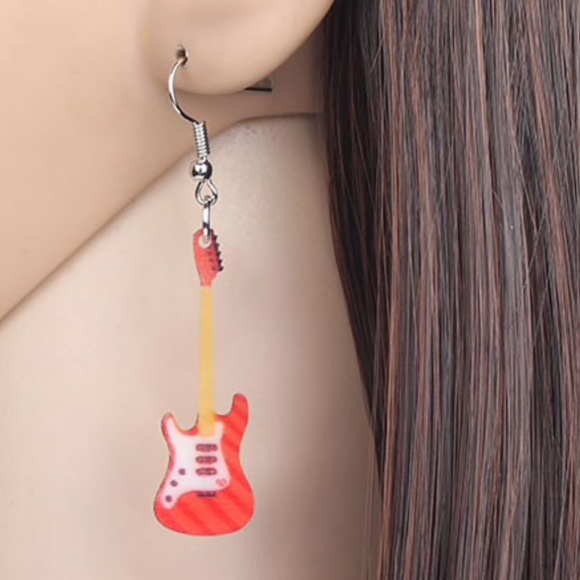 Red Guitar Laser Cut Acrylic Earrings - Picture 4 of 5